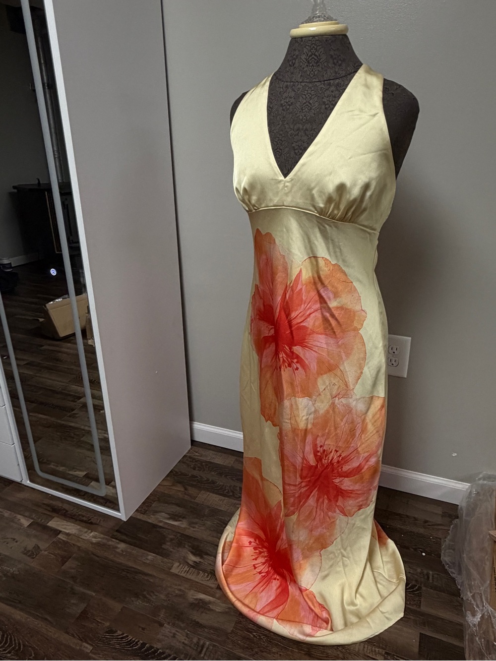 Sleeveless Cream Maxi Dress with Coral Floral Print